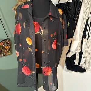 Vintage 90s Notations Sheer Floral Button Up Blouse + Tank Set Black Red Grunge